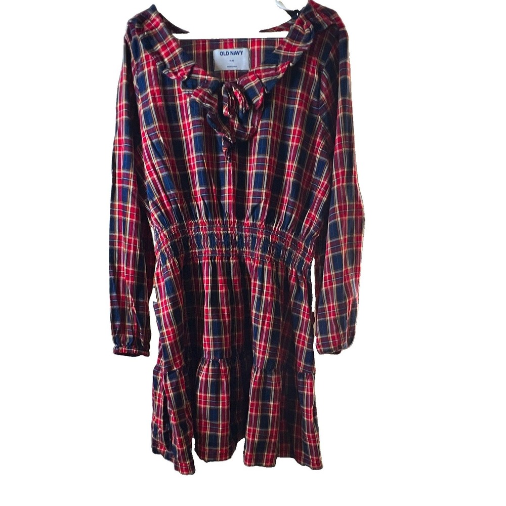 Old Navy Girls Size 8 Plaid Fit & Flare Long Sleeve Square Neck Smocked Dress